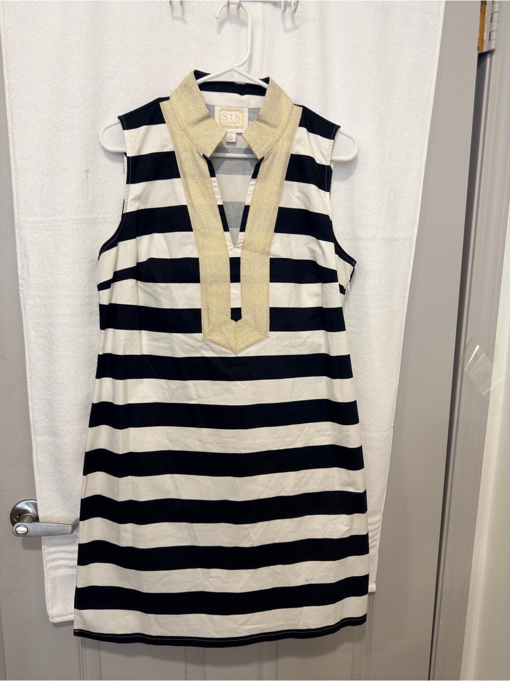 Sail to Sable Black & White Striped Sleeveless Dress with Gold Trim